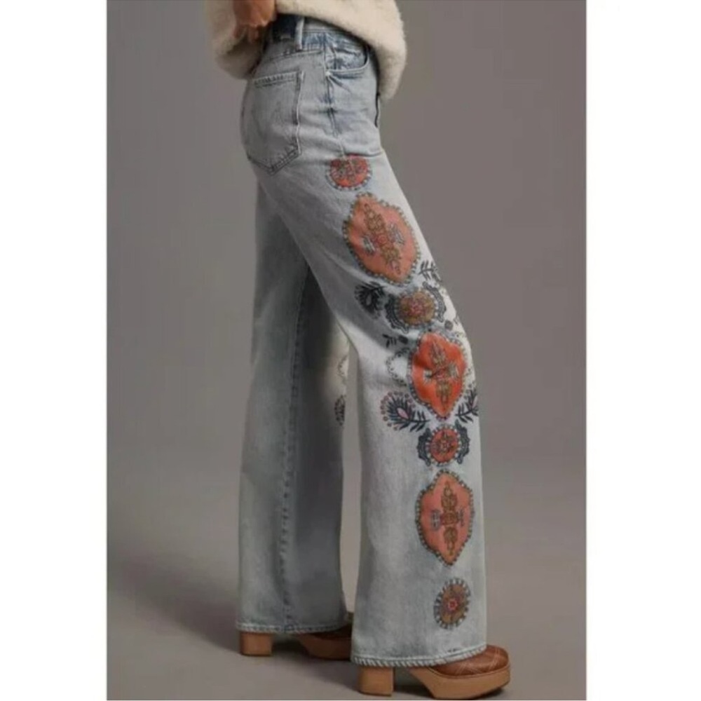MOTHER Light Blue Flare Jeans with Orange and Blue Embroidery